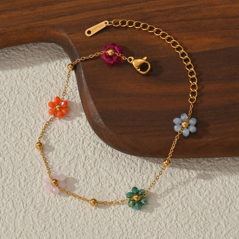 Pulseira de Flor Colorida com Contas – Aço Inoxidável Dourado para Mulheres e Meninas