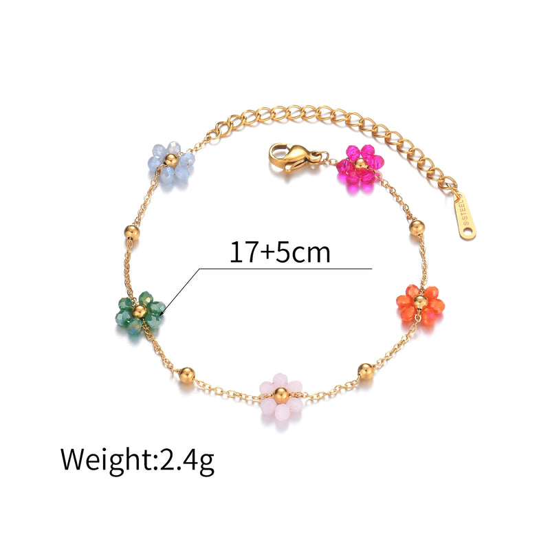 Pulseira de Flor Colorida com Contas – Aço Inoxidável Dourado para Mulheres e Meninas
