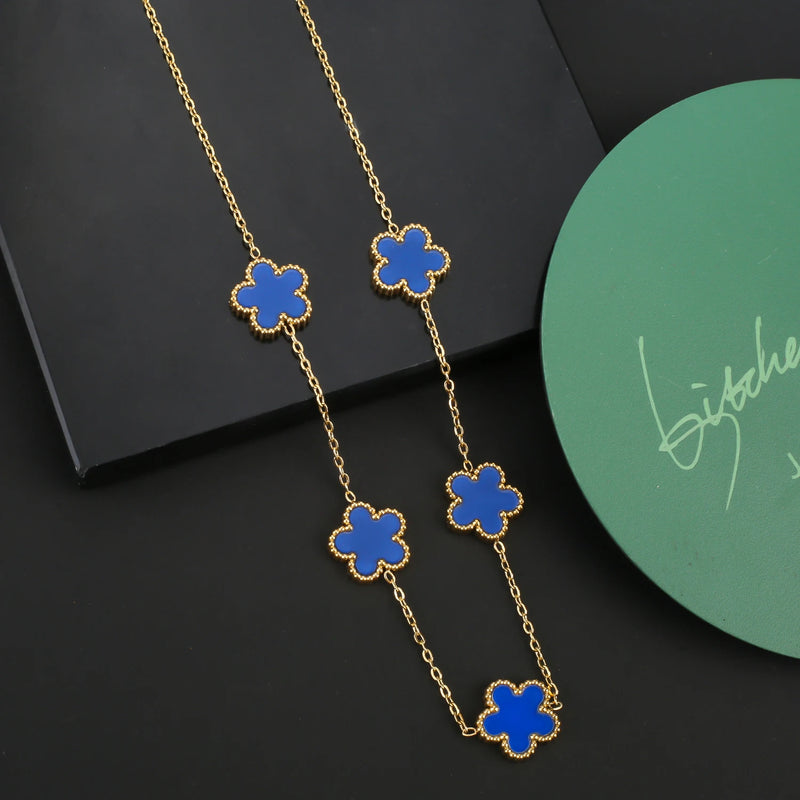 Conjunto de Joias Feminino Aço Inox – Flor de Trevo com 5 Pétalas (Bracelete, Colar e Brinco)