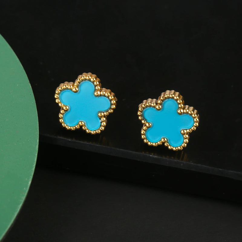 Conjunto de Joias Feminino Aço Inox – Flor de Trevo com 5 Pétalas (Bracelete, Colar e Brinco)