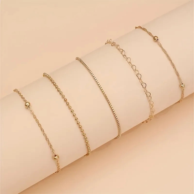 Conjunto de 5 Pulseiras Douradas Femininas – Delicadas, Empilháveis e Modernas