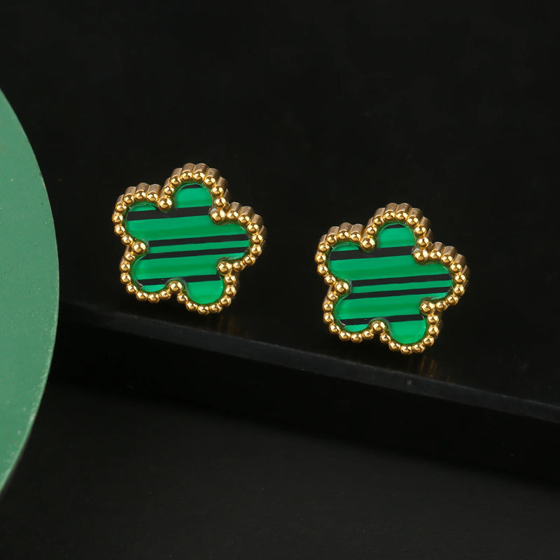 Conjunto de Joias Feminino Aço Inox – Flor de Trevo com 5 Pétalas (Bracelete, Colar e Brinco)