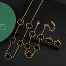 Conjunto de Joias Feminino Aço Inox – Flor de Trevo com 5 Pétalas (Bracelete, Colar e Brinco)