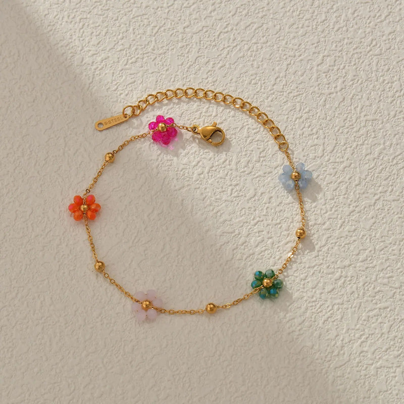 Pulseira de Flor Colorida com Contas – Aço Inoxidável Dourado para Mulheres e Meninas